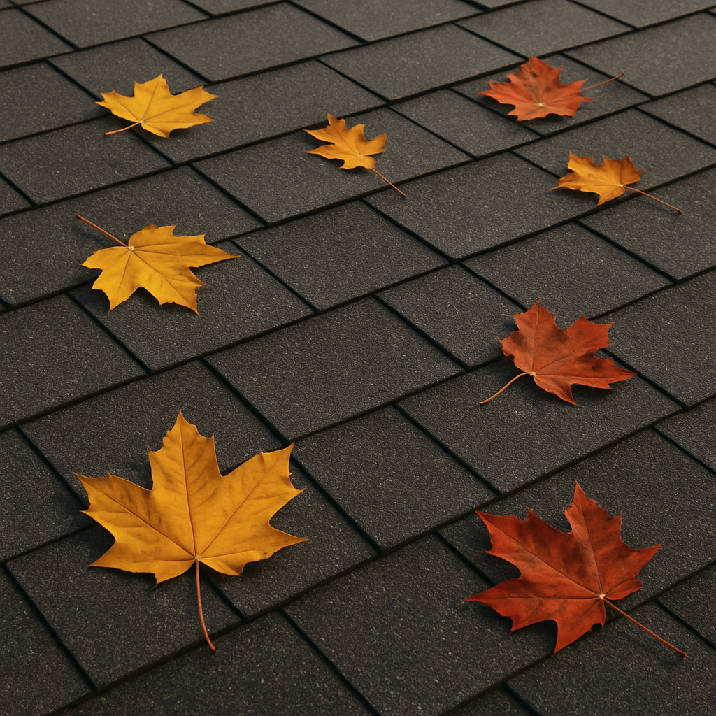 Fall leaves accumulating on a roof in Toledo, Ohio, risking moisture damage and clogged gutters