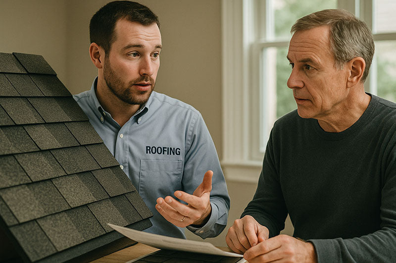 Roofing contractor and sales rep answering the questions of a homeowner in Columbus, Ohio