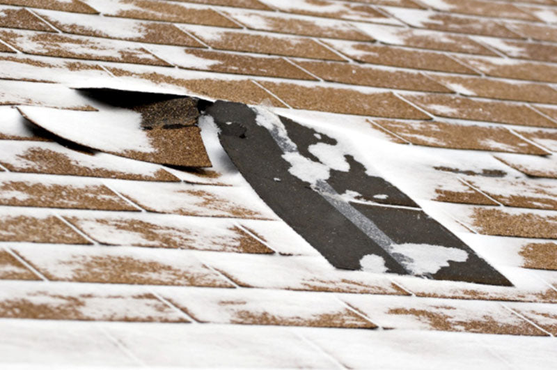 snow damage on asphalt shingle roof