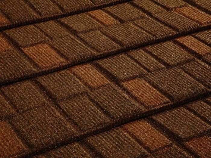 Tilcor copper brown stone coated metal roof panel showing natural stone coating