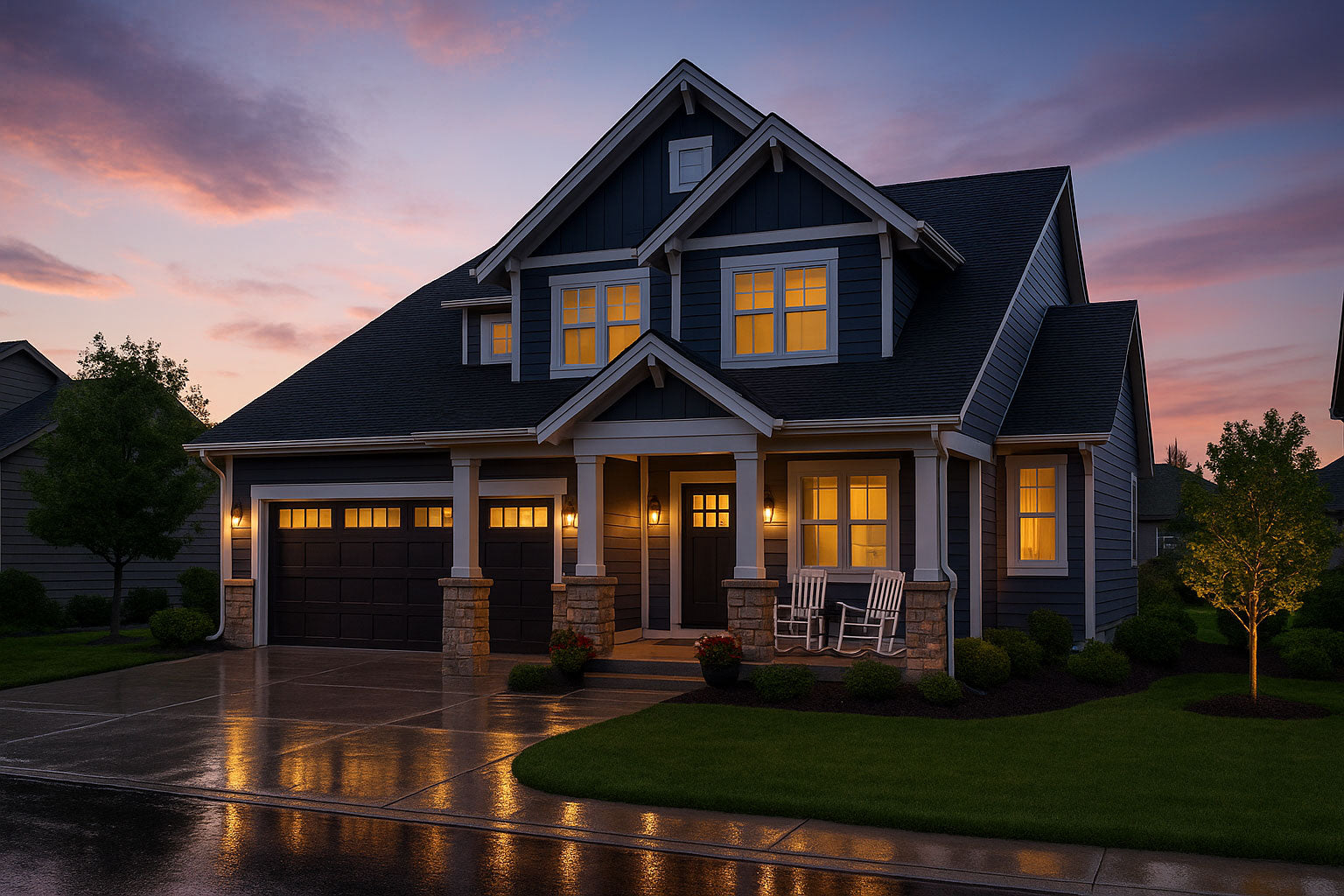Stately house with illuminated windows at dusk